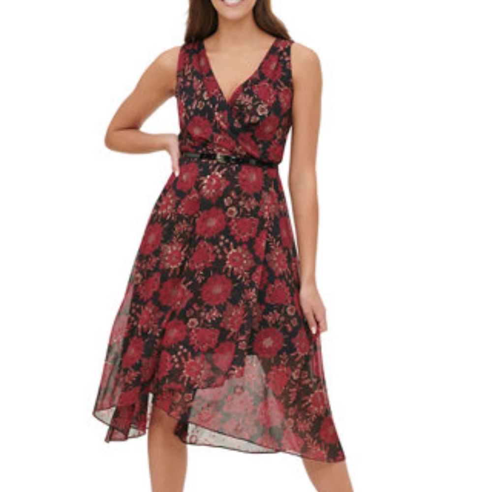 Tommy Hilfiger Women Floral Belted Chiffon Dress B
